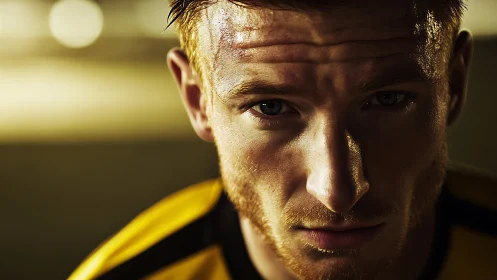 Focused male athlete portrait in dramatic warm lighting.