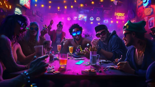 Neon-soaked poker night pulses with cyberpunk energy
