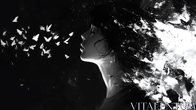 Monochrome profile dissolving into scattering white butterflies.