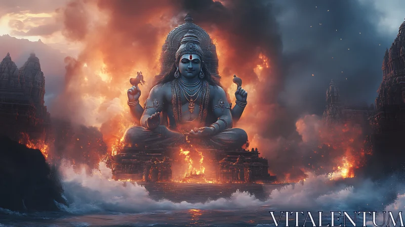Colossal blue deity statue dominates fiery ocean temple.