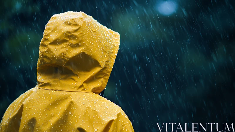 Yellow raincoat silhouette stands alone in steady rainfall.