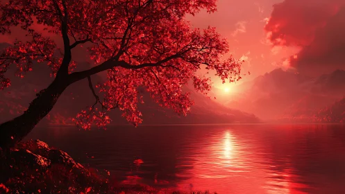 Crimson twilight tree guarding a molten mirror lake sunset.