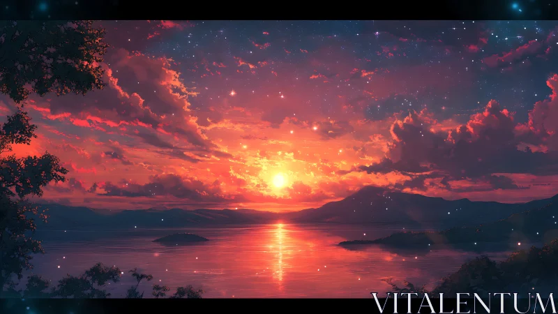 Spectral twilight over lacustrine horizon in anime rendering.