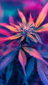 Cannabis plant is shown under multicolor gradient lighting