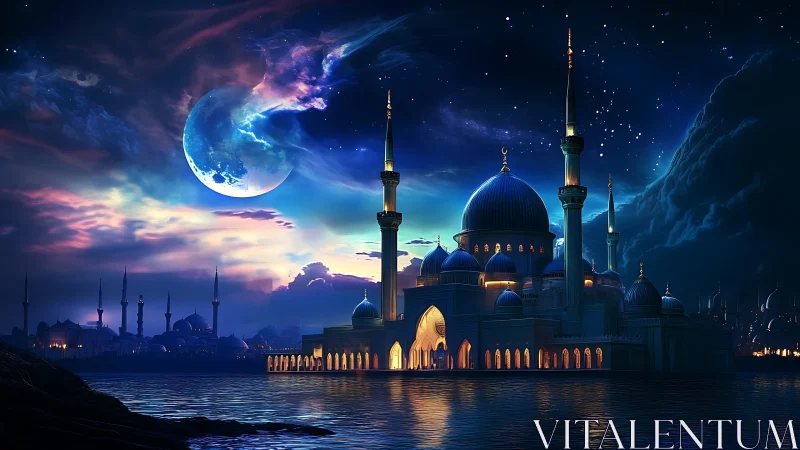 Moonlit domes by the water in a dreamy night sky.