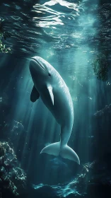Underwater whale illuminated by directional sunrays.