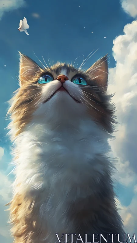 Gentle kitten gazes toward a bright sky filled with hope