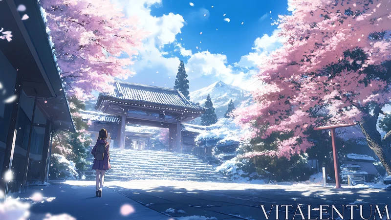 Girl walking to snowy temple under pink cherry blossoms.