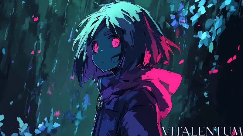 Hooded child stands in neon forest under blue pink glow