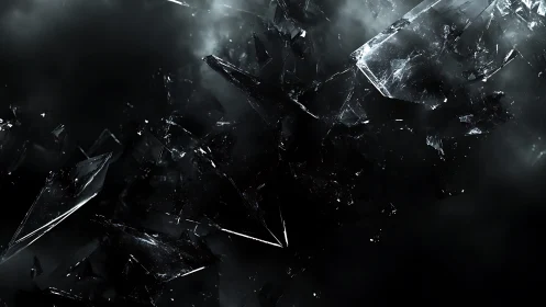 Shattered Glass Fragments in Dark Abstract Digital Artwork.