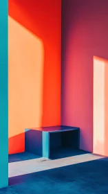 Color block interior corner with bench and bold shadows.