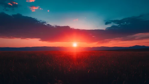 Vibrant red horizon sunset over grassland under cyan sky.