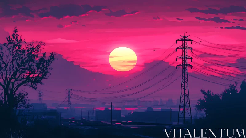 Sunset over power lines and distant urban structures.
