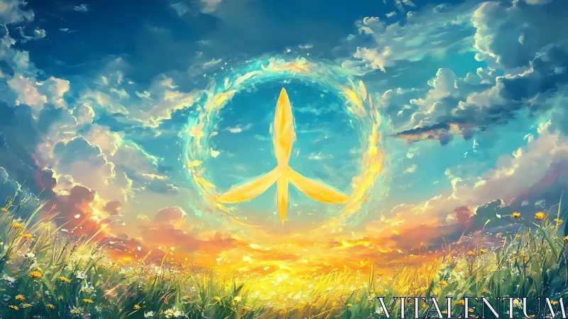 Digital painting of luminous peace glyph over sunset meadow.