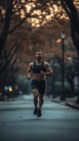 Muscular runner sprints through quiet tree lined city street