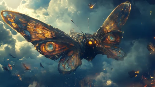 Gigantic biomechanical moth storms through burning twilight clouds