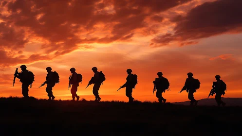 Infantry squad sunset silhouette on ridgeline with tactical gear