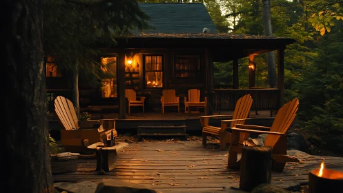 Cozy forest cabin porch glows with warm evening firelight.