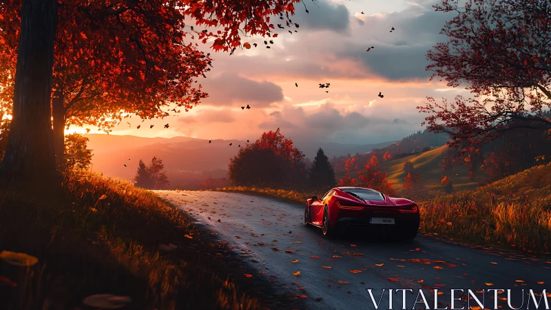 Red supercar glides through cinematic autumn mountain sunset.