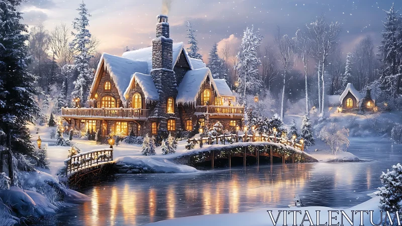 Snowlit riverside chalet glows like a wintertime lantern dream.