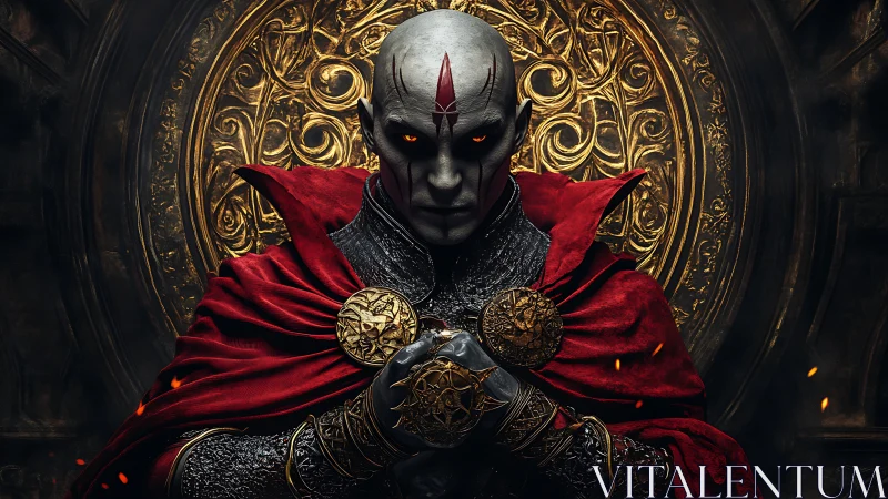 Armored figure stands before ornate golden circular relief