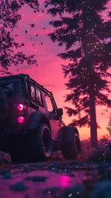 Off-road jeep under vivid pink sunset forest sky.