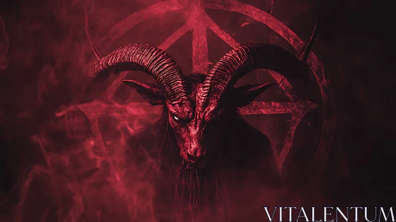 Crimson horned guardian emerging from swirling night mist.