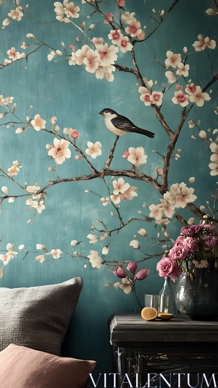 Bird and cherry blossoms on teal bedroom feature wall.