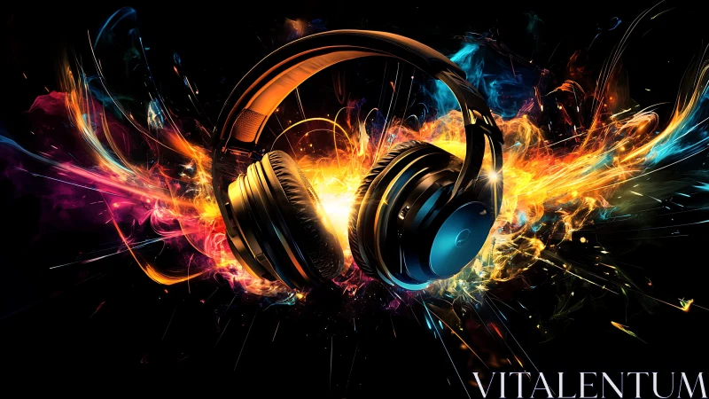 Over-ear headphones amid dynamic multicolor energy bursts