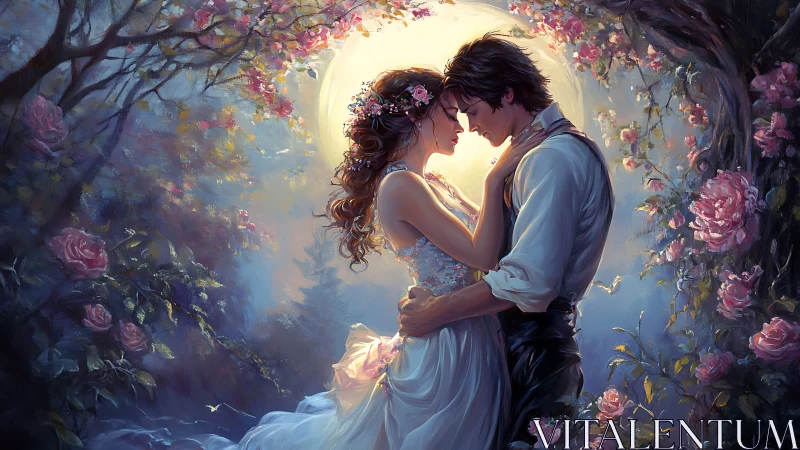 Romantic couple embraces beneath flowering archway with golden backlight