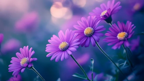 Purple Gerbera Daisies with Golden Centers in Soft Bloom.