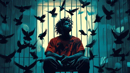 Man in red shirt in cage with dark birds in teal light.