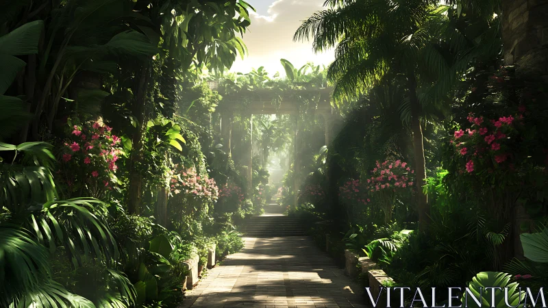 Sunlit tropical garden walkway with dense lush foliage.