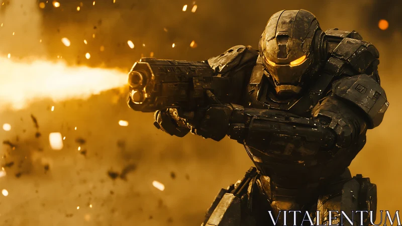 Armored sci fi warrior unleashes glowing cannon blast