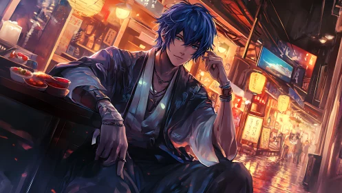 Blue‑haired wanderer rests in a glowing night market street