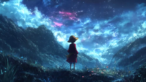 Solitary figure in red coat under vast starry night sky.