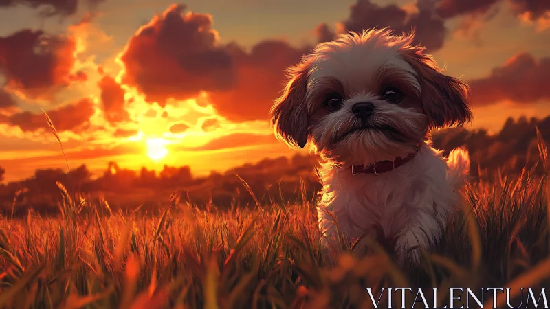Small dog in tall grass under vivid sunset sky.
