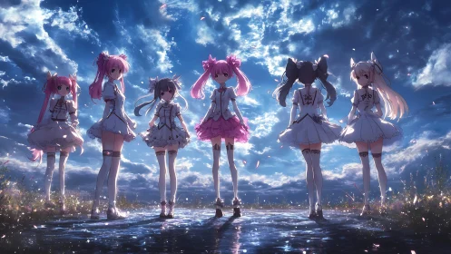 Magical girls standing together under a luminous twilight sky.