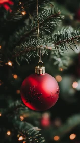 Crimson ornament glowing softly on a cozy evergreen tree.