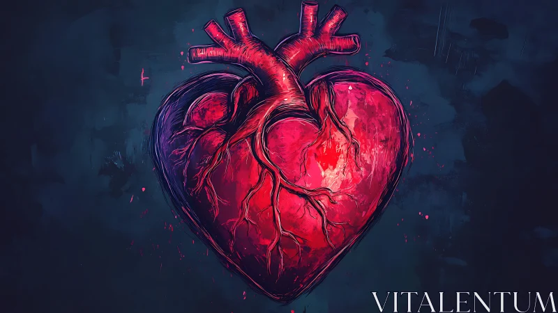 Bioluminescent Heart with Arterial Network in Neon Red and Indigo.