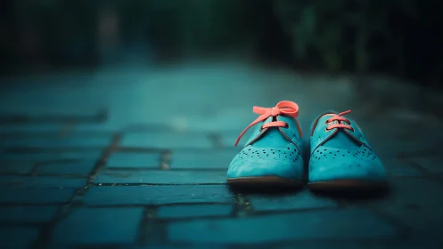 Tiny blue toddler shoes rest quietly on a cobbled path.