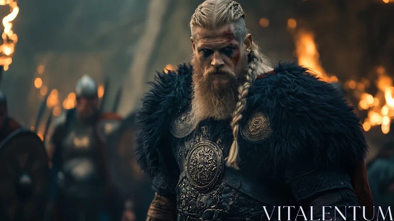 Fierce Viking warrior stands strong before burning shields.