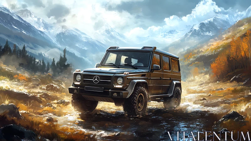 Mercedes off road SUV crossing muddy alpine valley trail.