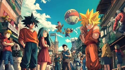 Anime street scene with spiky-haired fighters and onlookers.