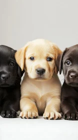 Labrador puppies in balanced front portrait, soft key light.