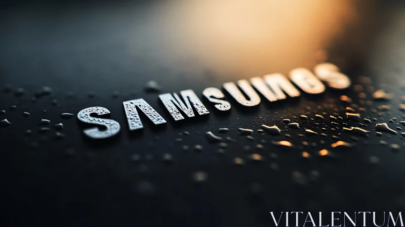 Macro depth-of-field study of raised metallic logo on wet surface