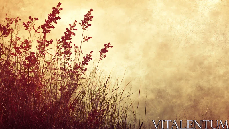 Silhouetted wild plants stand against a textured light ground