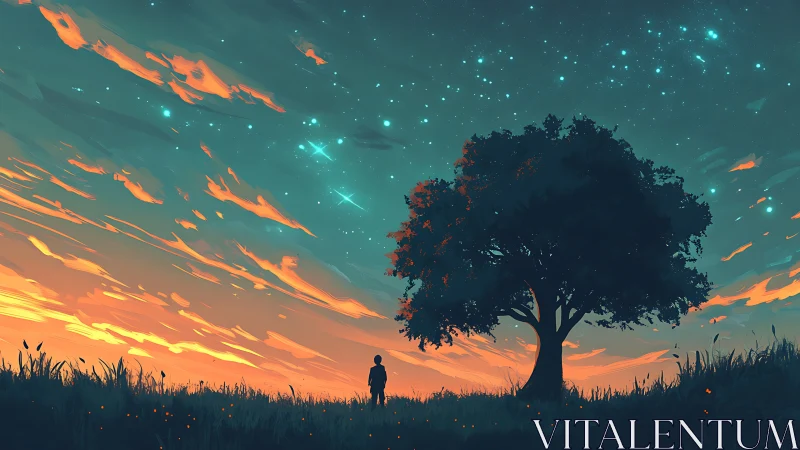 Silhouetted figure studies twilight sky beneath a lone tree