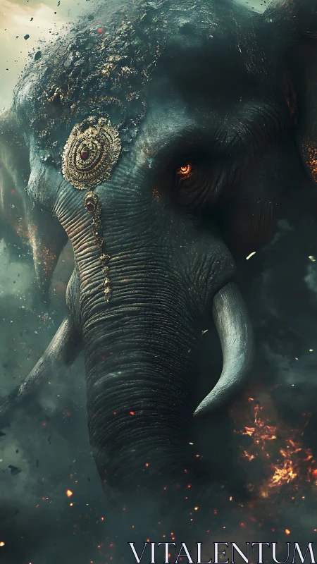 Armored war elephant strides through burning smoky battlefield