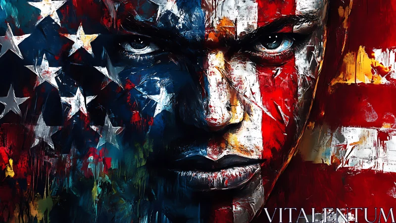 Flag-forged gaze drenched in fractured American colors.